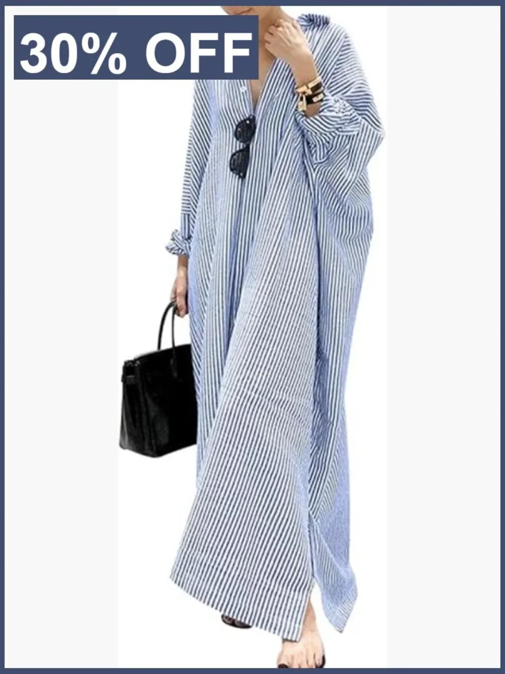Long Sleeve Button Down Striped Cotton Maxi Shirt Dress with Pockets